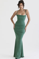 Vintage Maxikleid mit eckigem Ausschnitt, gerüschtem Korsett und Fischschwanz - Grün