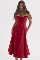 Vintage Fit & Flare Midi-Sommerkleid mit Schnürung vorne und Schnürung hinten - Rot