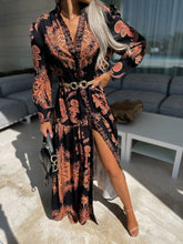 Vintage Print Long Sleeve Slit Dress Ins Street