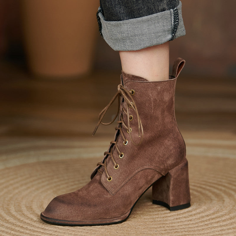 Yusra Genuine Leather Chunky Heel Lace up Ankle Boots Newgew