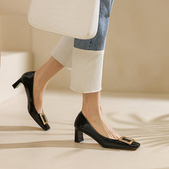 Hadley Patent Leather Square Toe Handmade Low Heels with Square Buckle