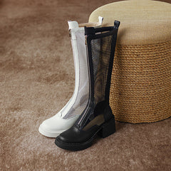 Evie, schwarze kniehohe Stiefel aus Netzstoff mit Absatz