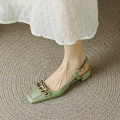 Iyana Square Toe Green Slingback Heels with Gold Chain newgew