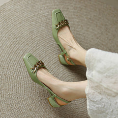 Iyana Square Toe Green Slingback Heels with Gold Chain newgew
