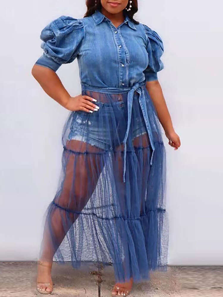 Denim Mesh Patchwork Kurzarm-Oberteile