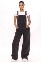 What's The Rush Slouchy Denim Overalls - Black