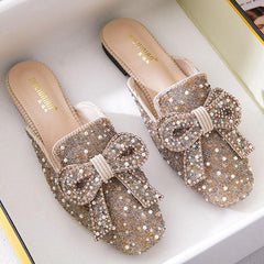 Square toe beaded bowknot flat slippers