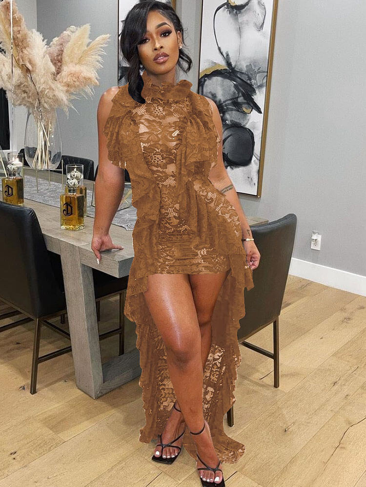 Lace Sleeveless Ruffle Asymmetrical Mini Dresses