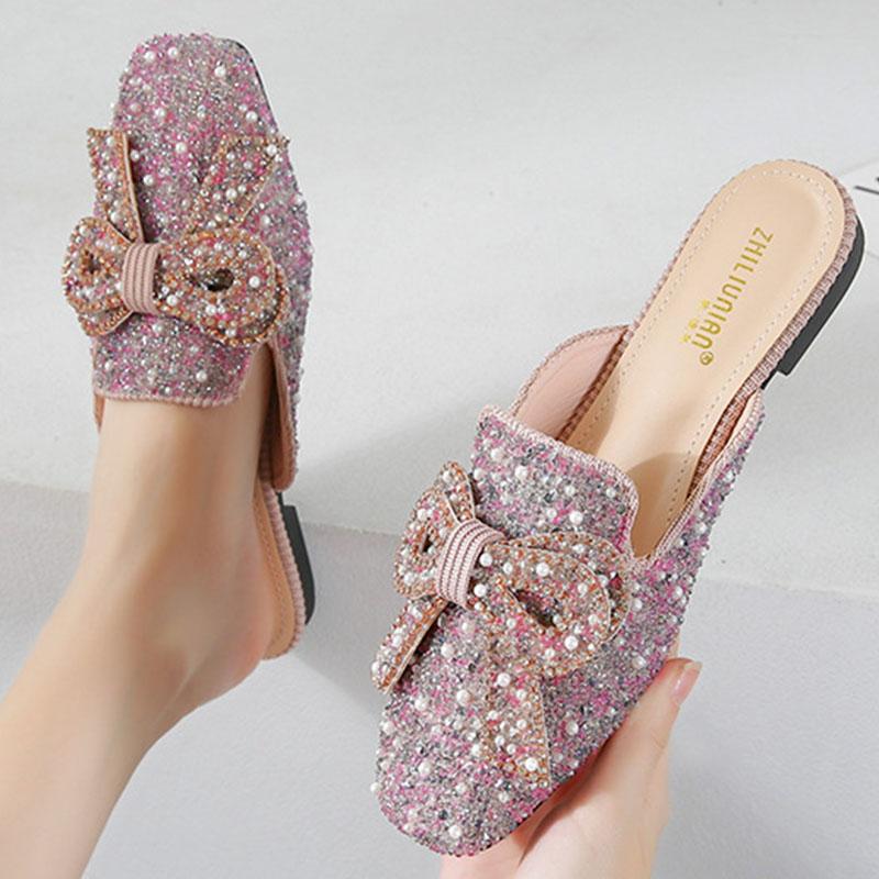 Square toe beaded bowknot flat slippers