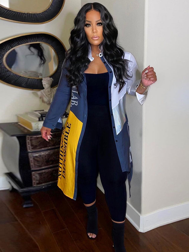 Letter Print Patchwork Shirt Cardigan