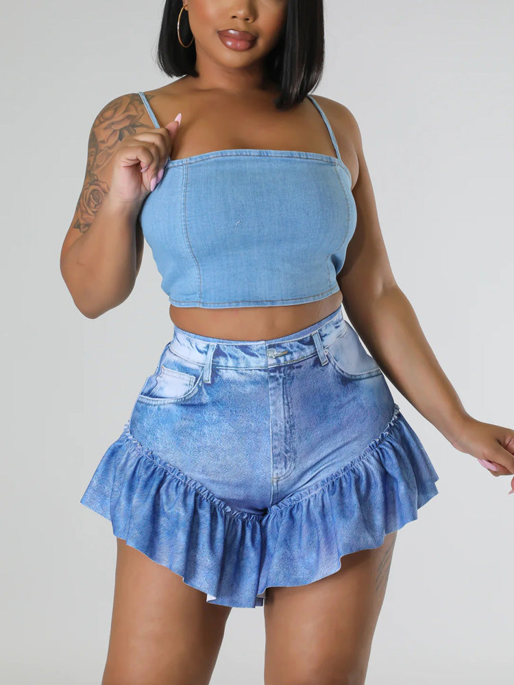 Jeansshorts mit Rüschensaum