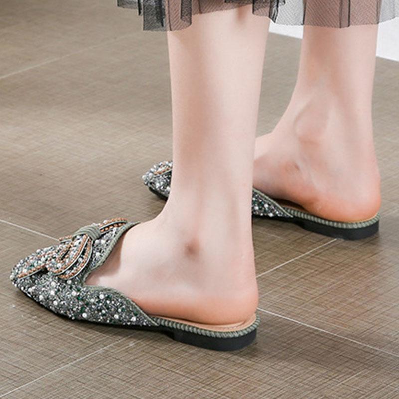Square toe beaded bowknot flat slippers