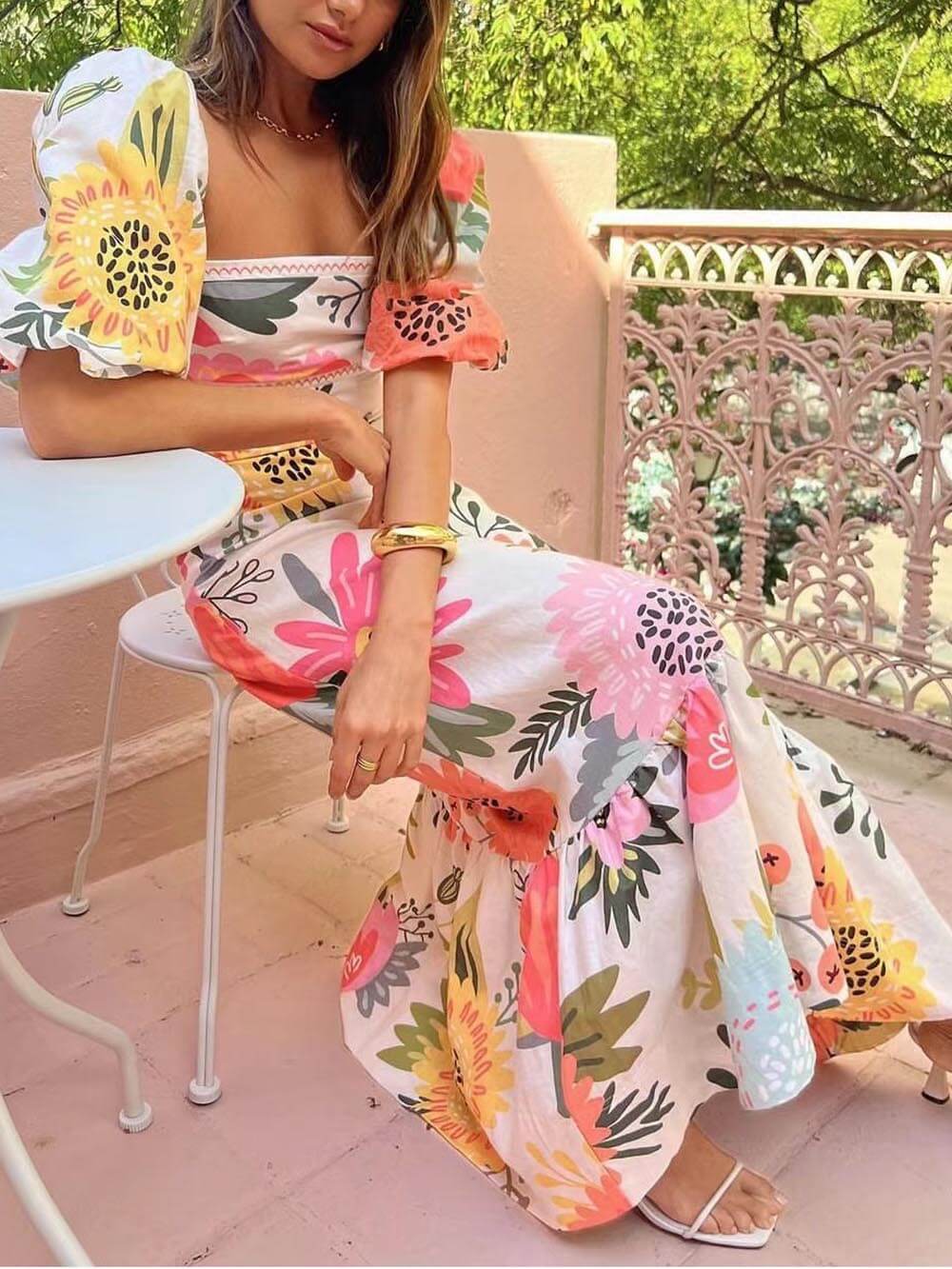 Floral Print Square Neck Graceful Bubble Sleeve Maxi Dress InsStreet