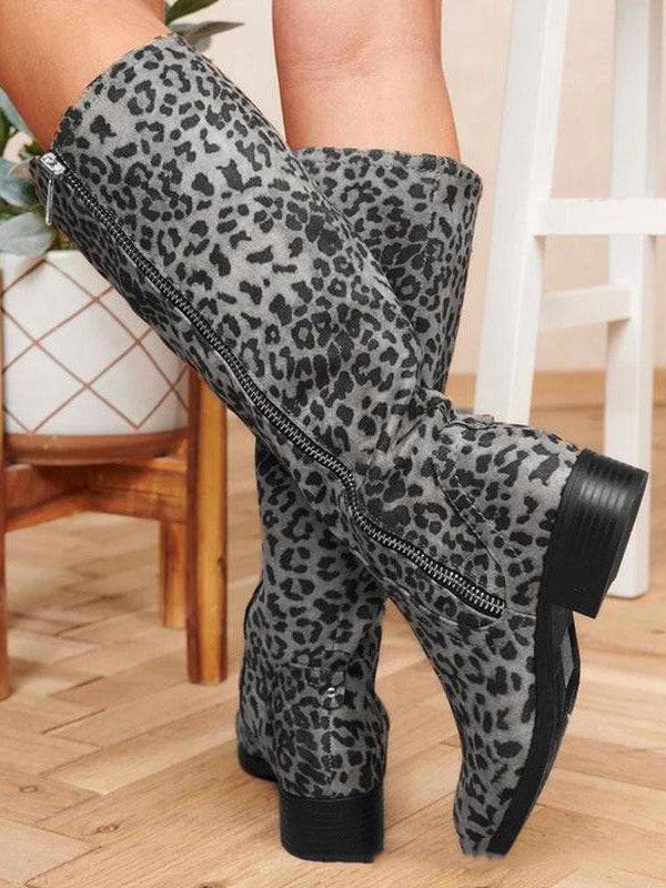 Leopard Print Side Zipper Boots