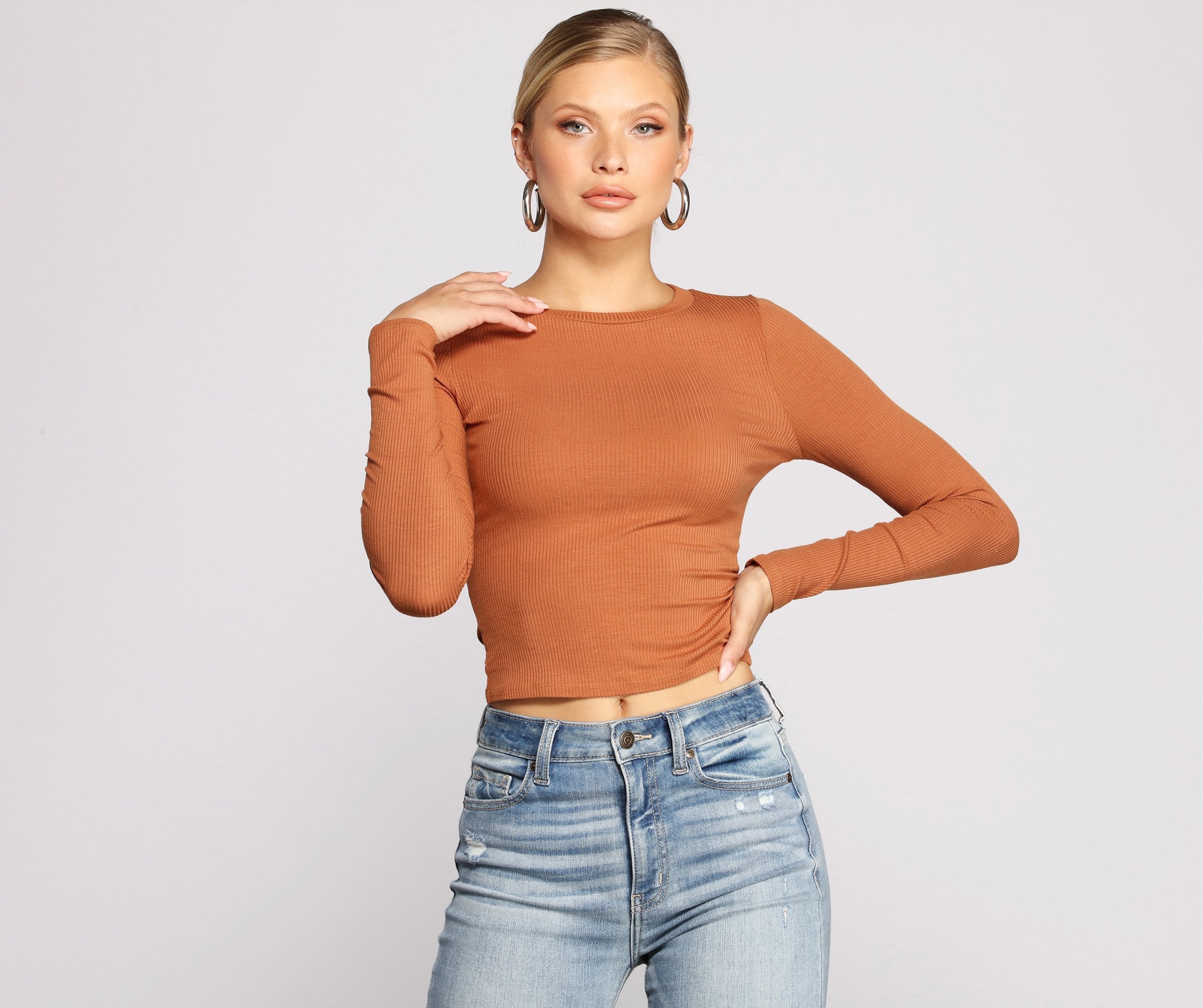 Langärmliges geripptes Basic-Top