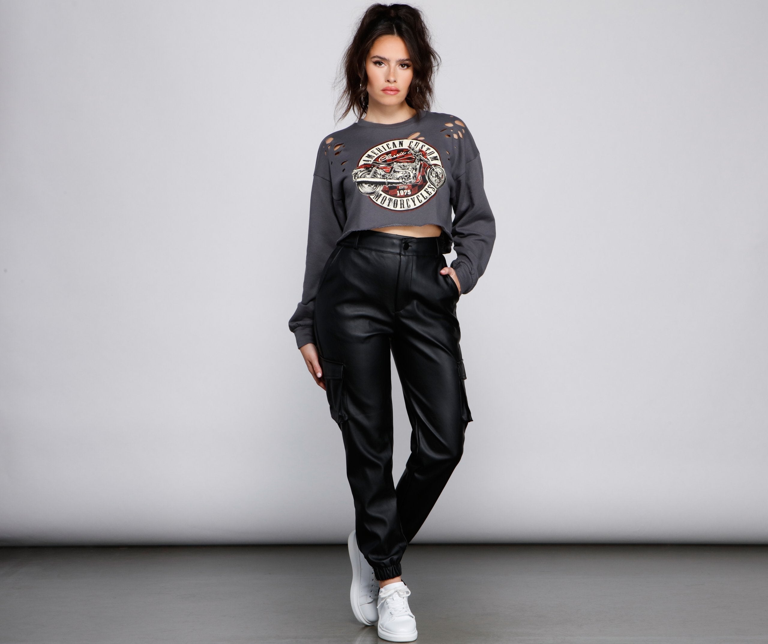High Waist Faux Leather Cargo Pants insstreet