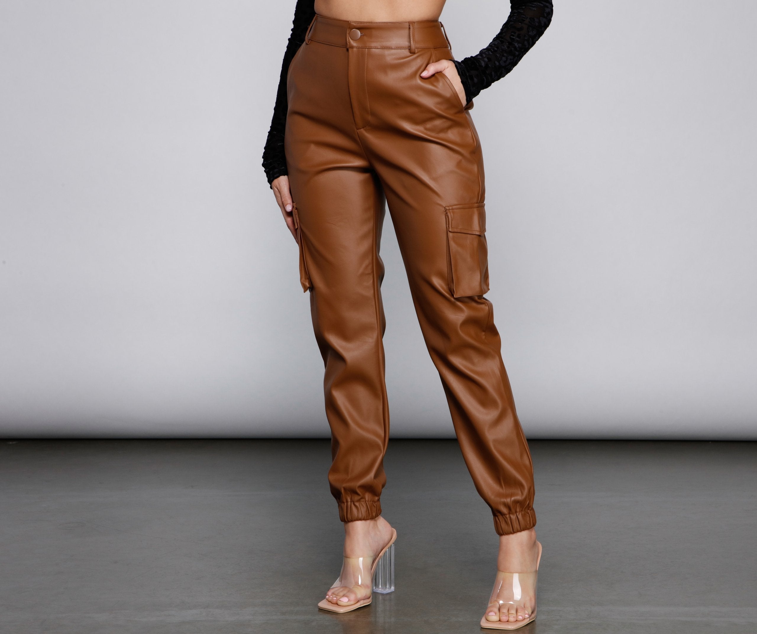 High Waist Faux Leather Cargo Pants insstreet