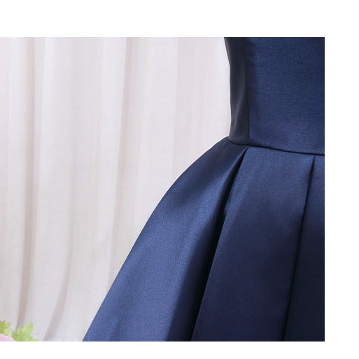 Navy Pleated Satin Homecoming Dress With Off Shoulder