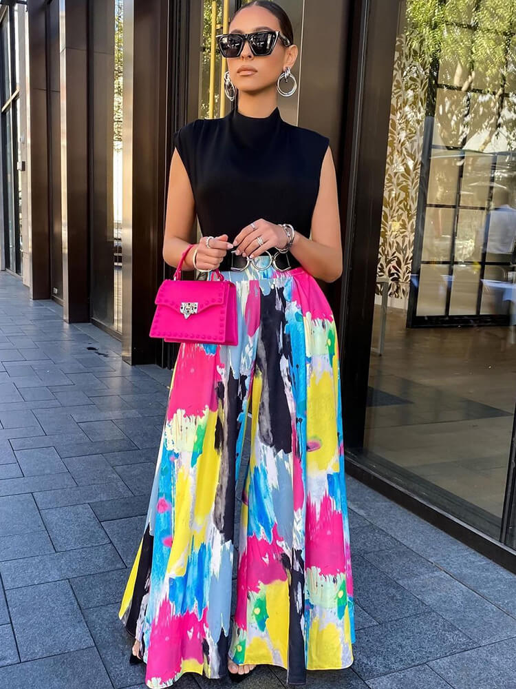 Hose mit weitem Bein und hohem Bund und Graffiti-Print