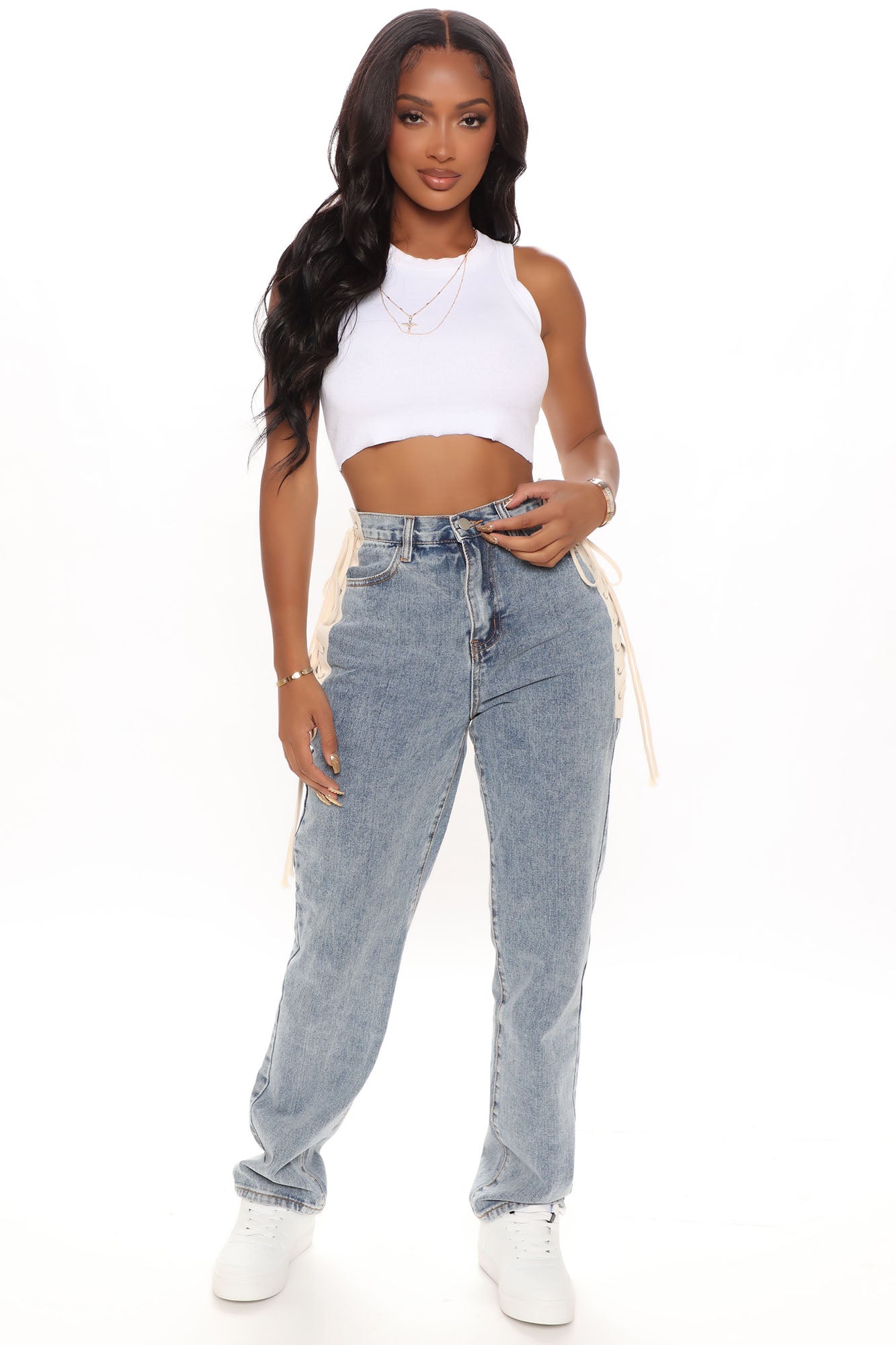 South Beach Lace Up Boyfriend Jeans - Medium Blue Wash Ins Street