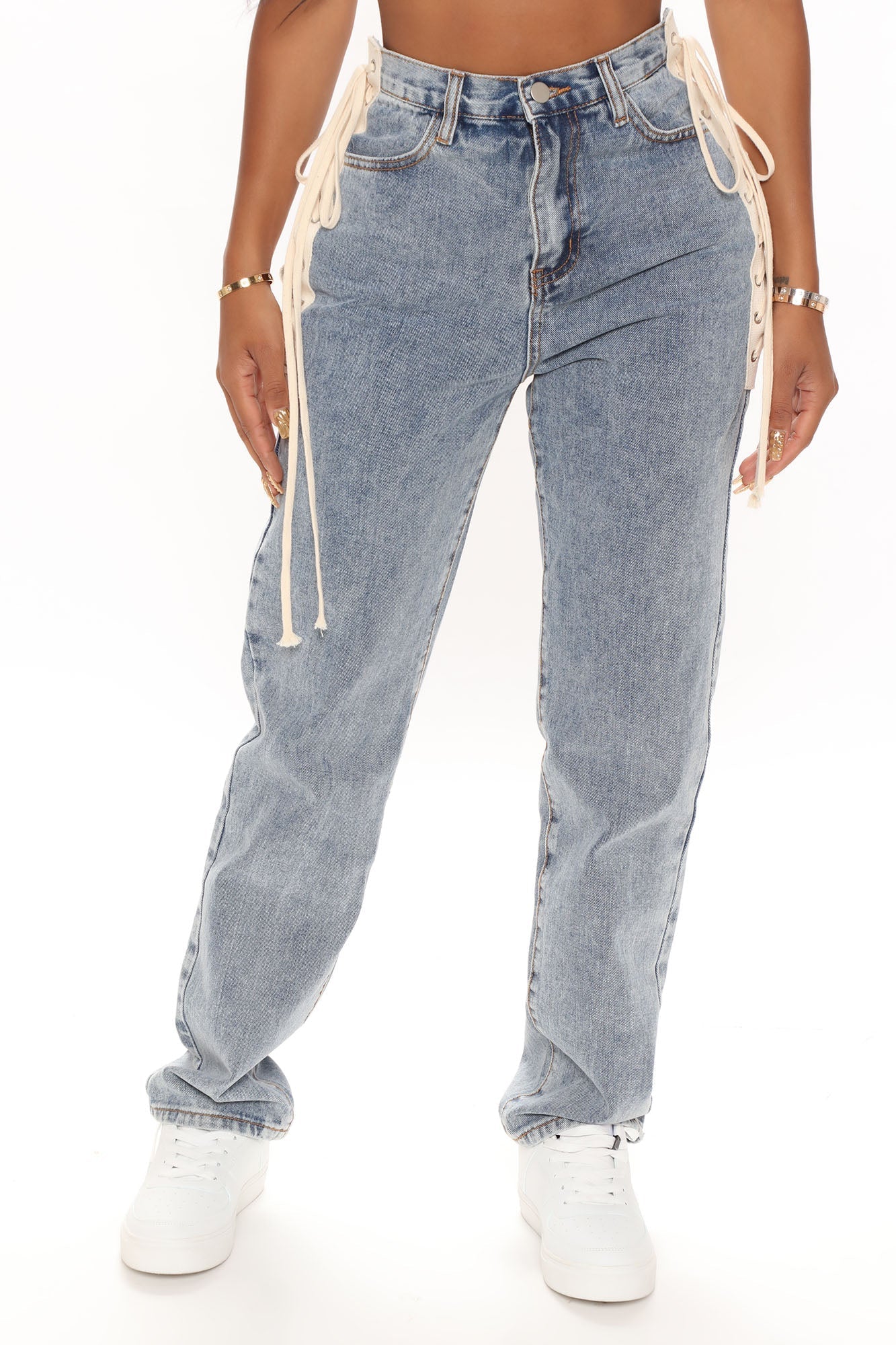 South Beach Lace Up Boyfriend Jeans - Medium Blue Wash Ins Street
