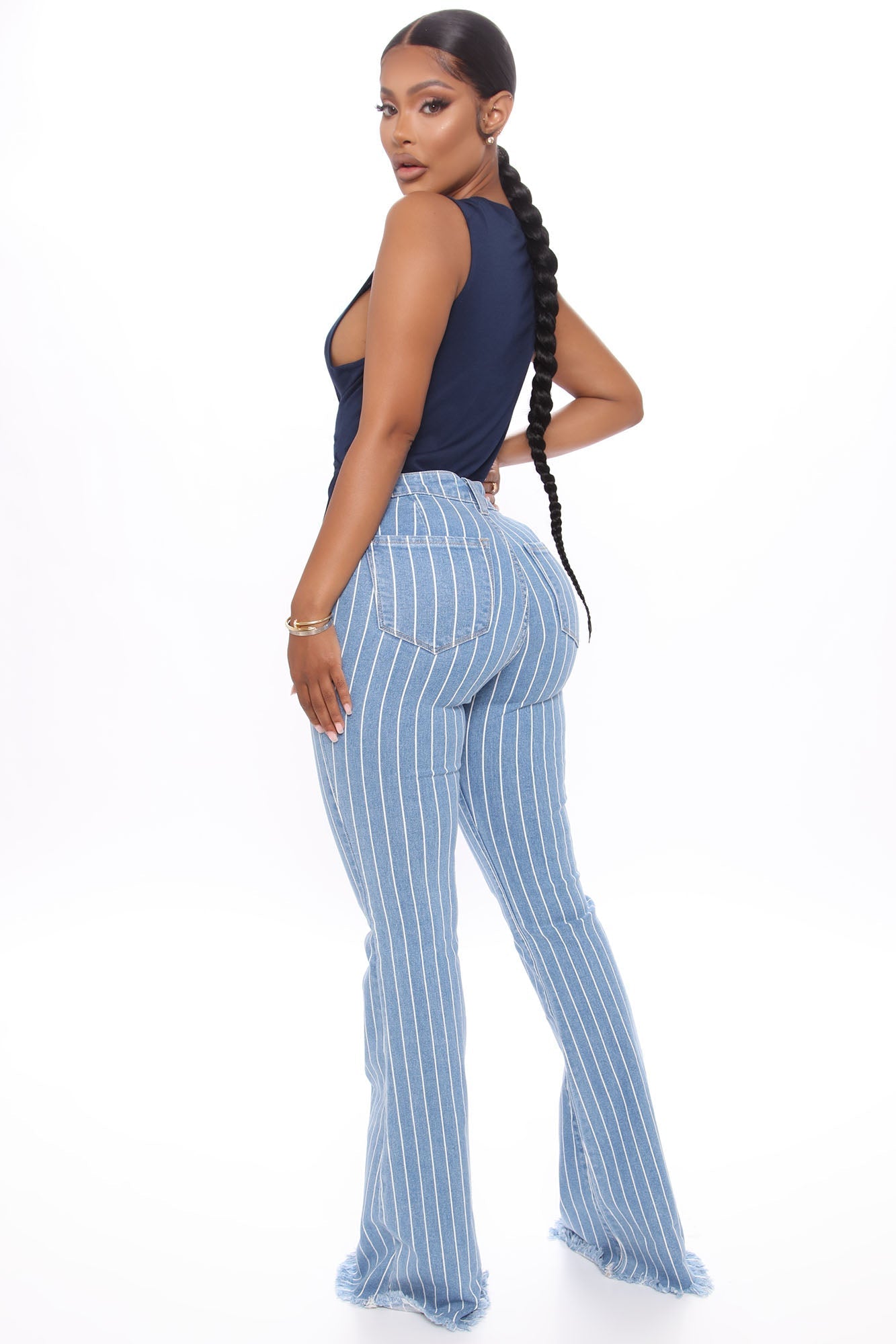 Crossed The Line Striped Flare Jeans - Light Blue Wash Ins Street