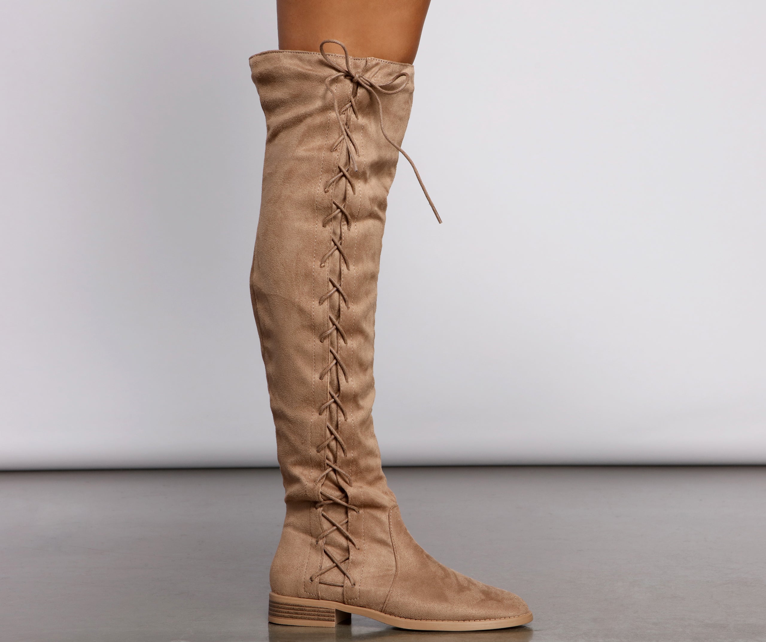 Lace-Up Faux Suede Over The Knee Boots Newgew