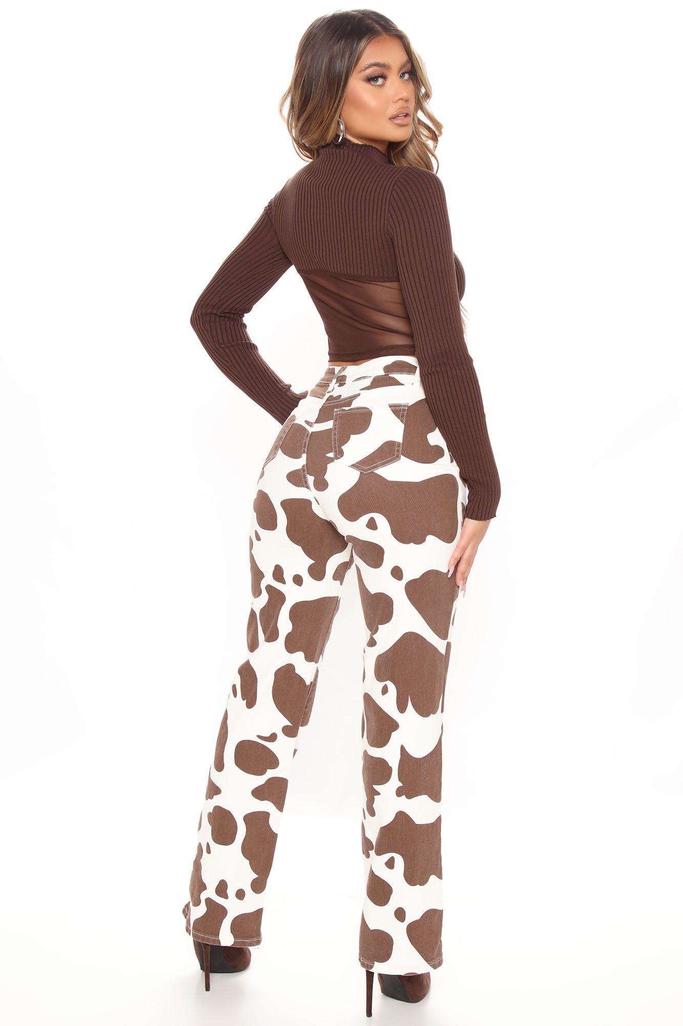 Mooving And Grooving Cow Print Wide Leg Jeans - Brown Combo Ins Street
