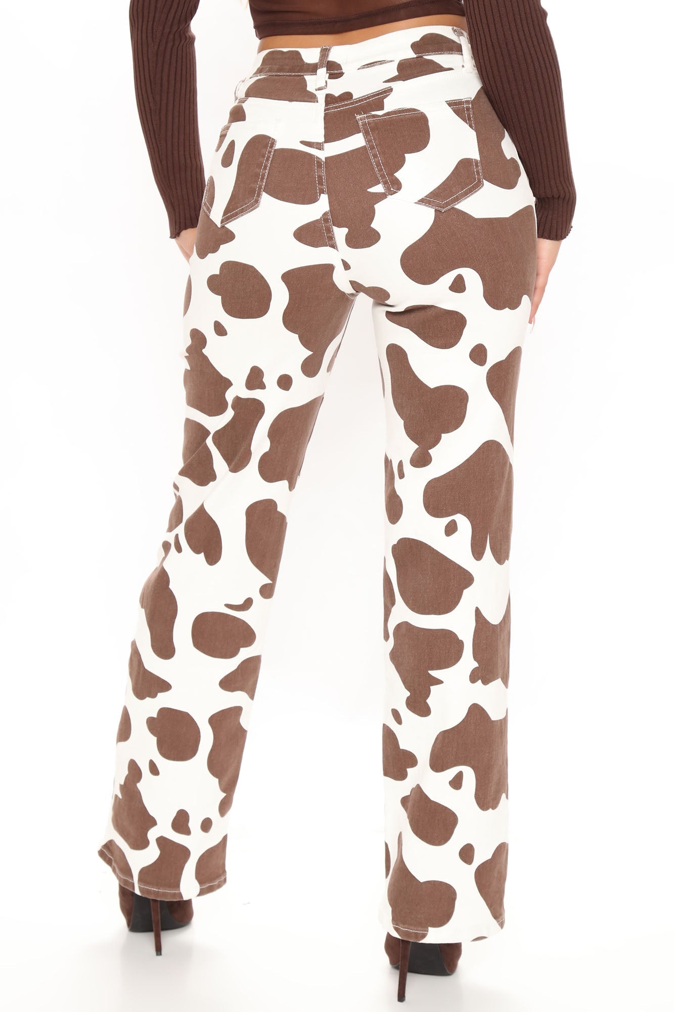 Mooving And Grooving Cow Print Wide Leg Jeans - Brown Combo Ins Street