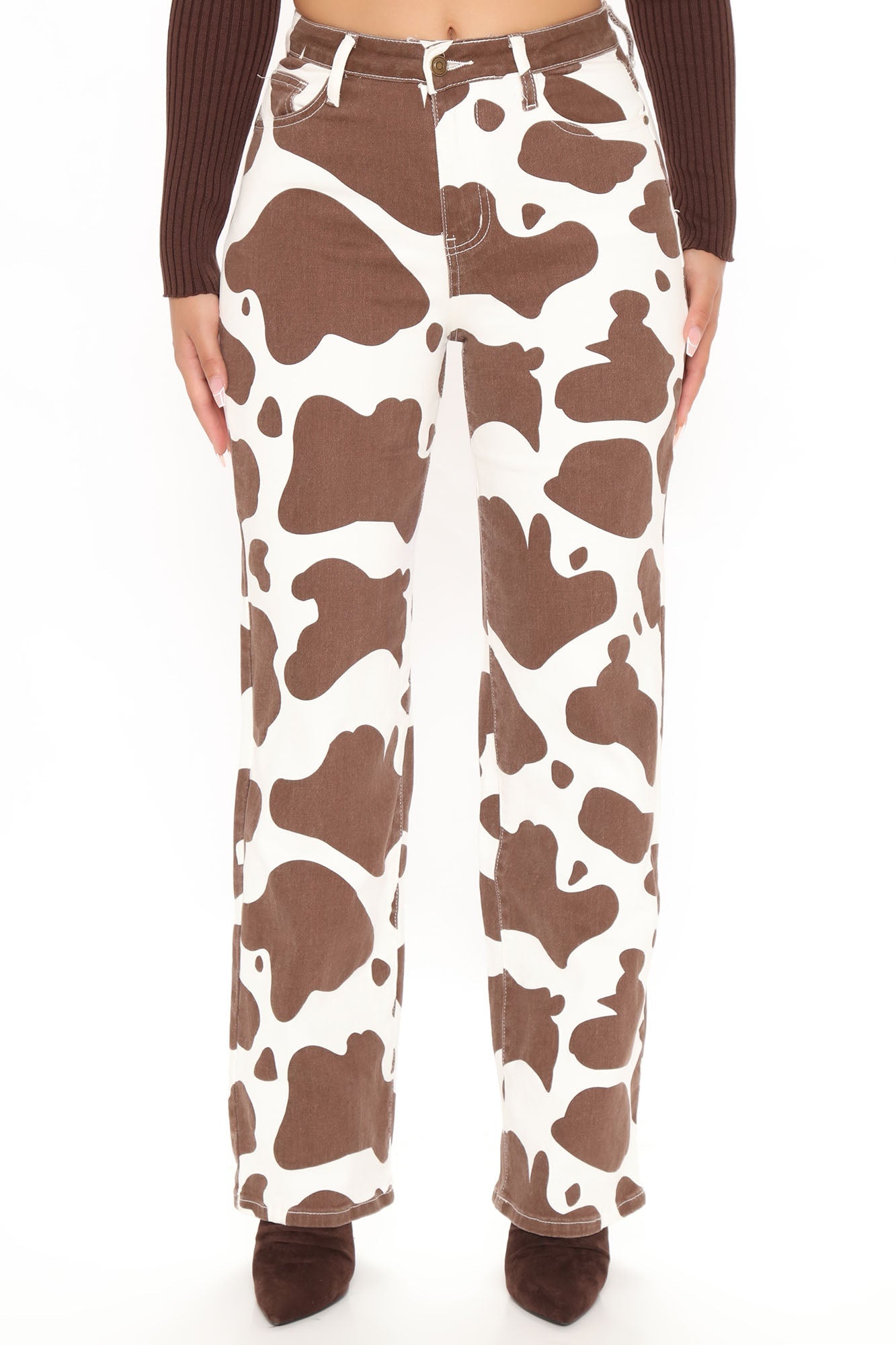 Mooving And Grooving Cow Print Wide Leg Jeans - Brown Combo Ins Street