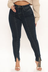Sienna Seam Front Ankle Slit Skinny Jeans - Dark Wash