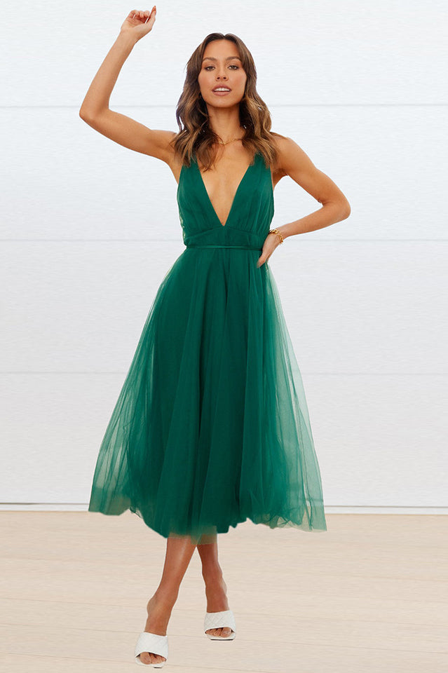 Plunging Neck Backless Mesh Midi Dress