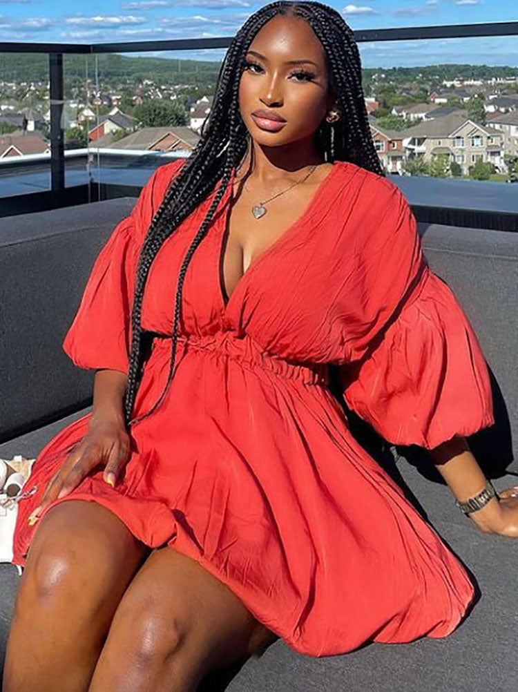 V Neck Lantern Half Sleeves Mini Dresses