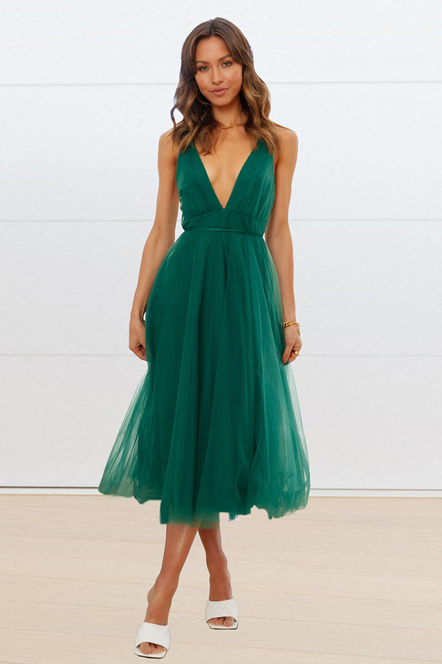 Plunging Neck Backless Mesh Midi Dress