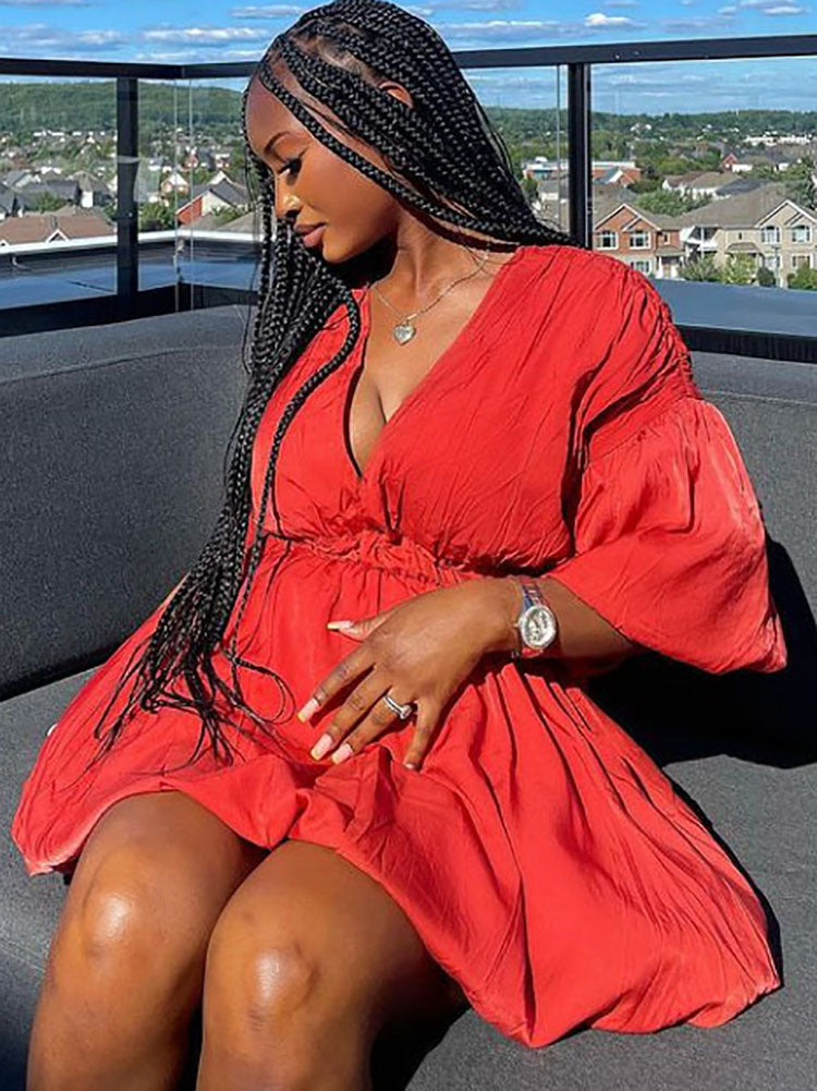 V Neck Lantern Half Sleeves Mini Dresses