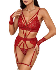 Halter Neck Backless Lace Babydoll With Thong And Gloves