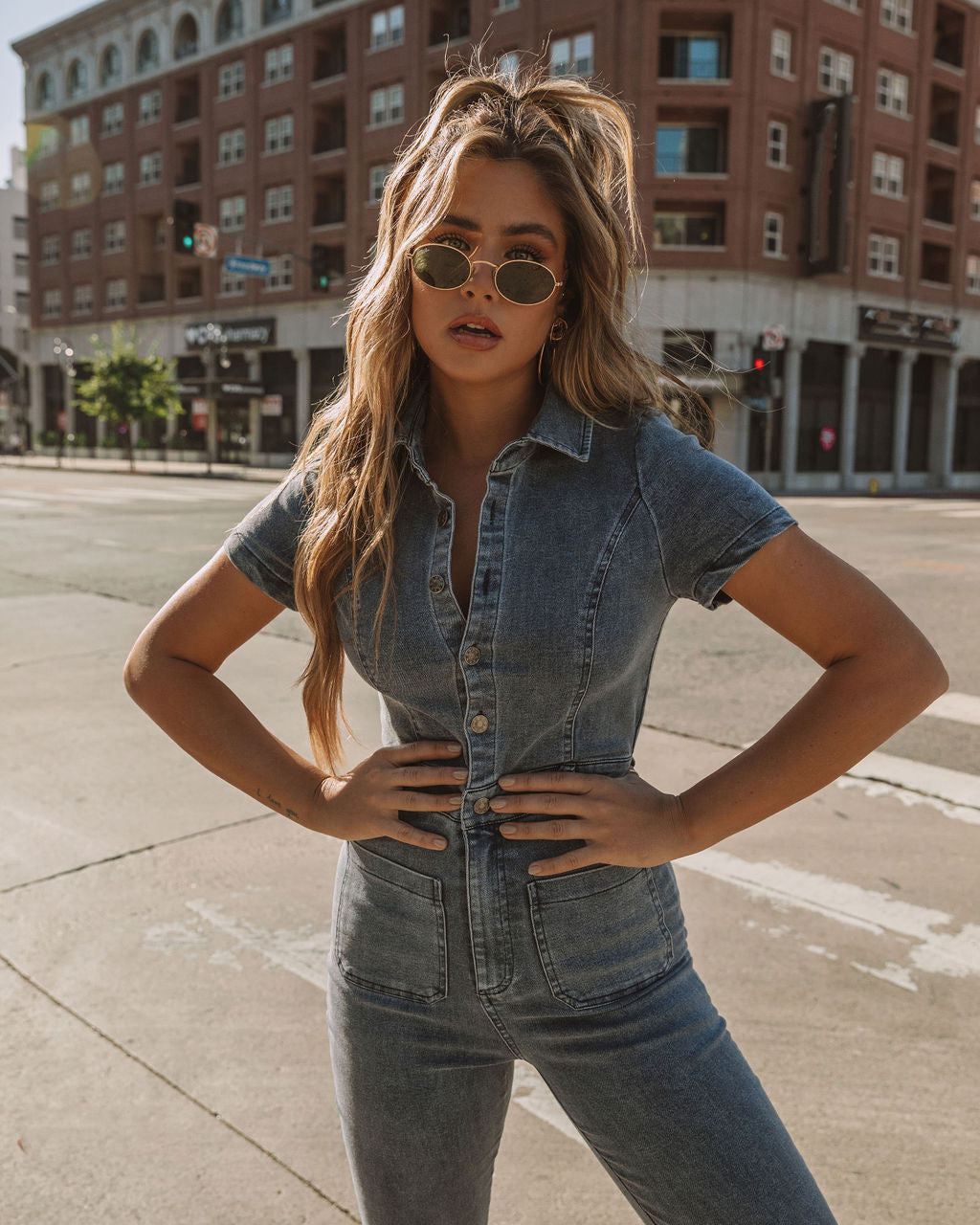 Longmont Pocketed Flared Denim Jumpsuit Ins Street