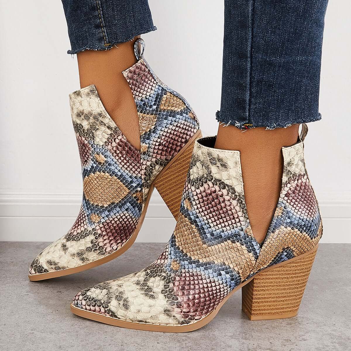 Womens Western Ankle Cowboy Boots Cutout Block Heel Booties Pairmore