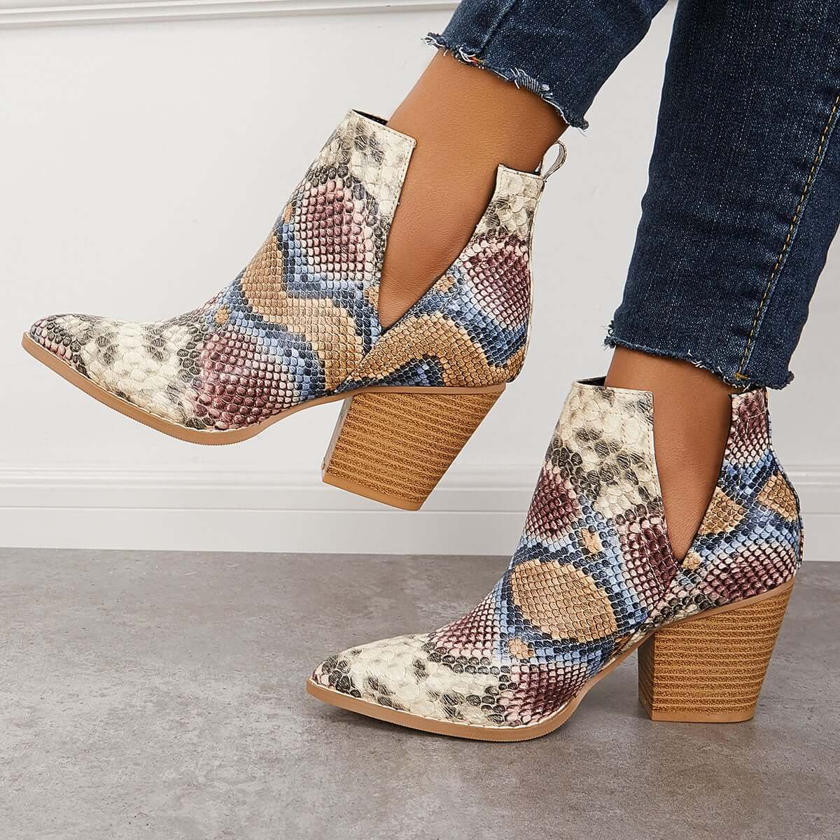 Womens Western Ankle Cowboy Boots Cutout Block Heel Booties Pairmore