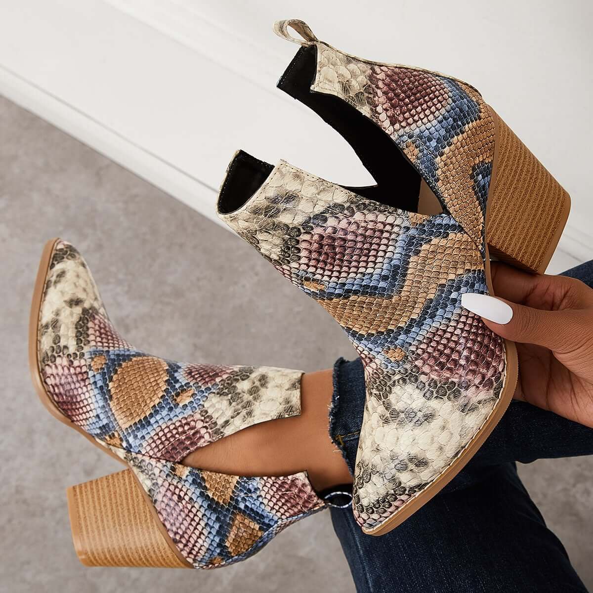 Womens Western Ankle Cowboy Boots Cutout Block Heel Booties Pairmore