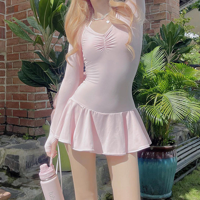 Aesthetic Drawstring Shirred Ruffle Mini Dress