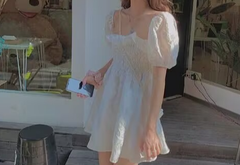 Puff Sleeve Embroidered Shirred Dress
