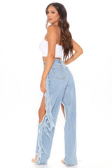 Tall Fray Out My Way Destroyed Boyfriend Jeans - Light Blue Wash Ins Street