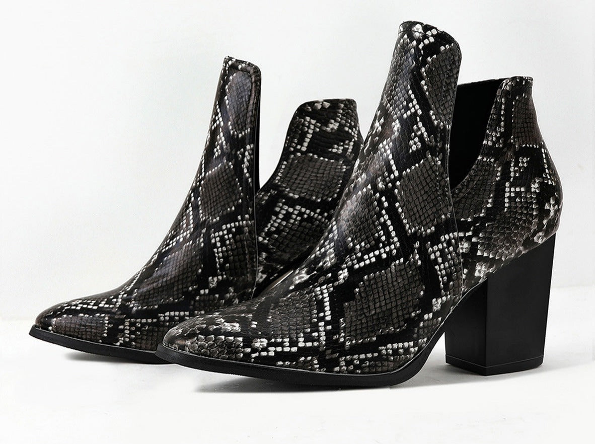 Slip on Cutout Pointed Toe Chunky Stacked Ankle Boot Chunky Heeled Boots Newgew
