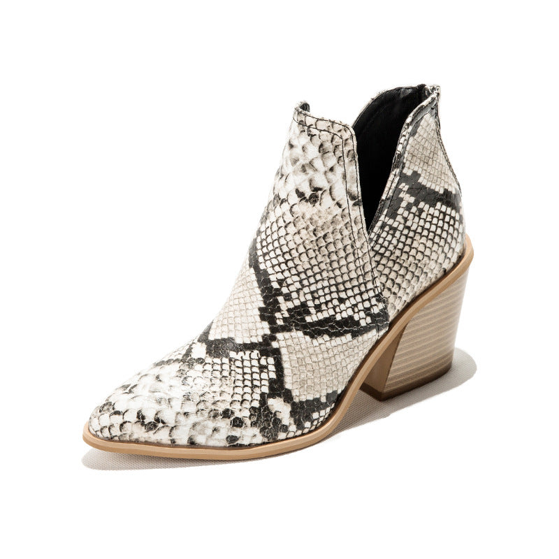 Slip on Cutout Pointed Toe Chunky Stacked Ankle Boot Chunky Heeled Boots Newgew