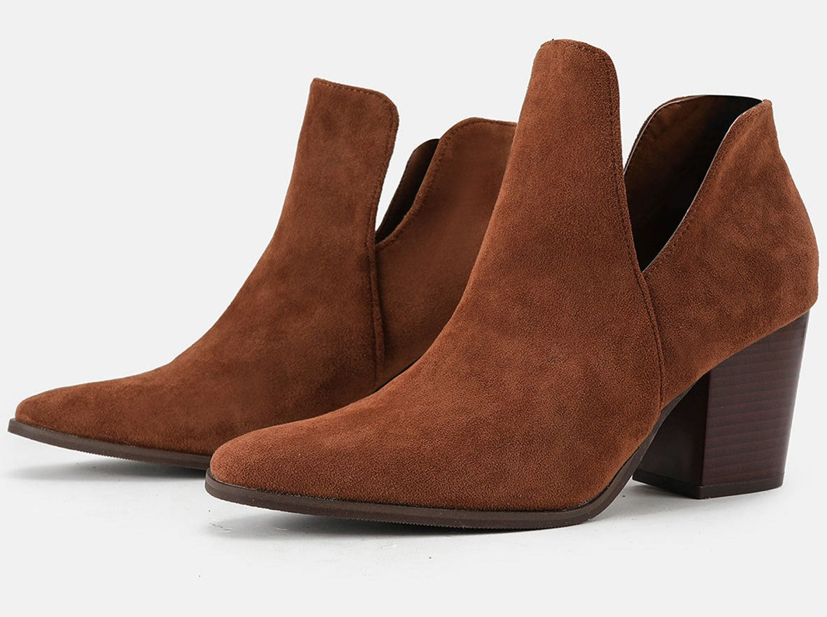 Slip on Cutout Pointed Toe Chunky Stacked Ankle Boot Chunky Heeled Boots Newgew
