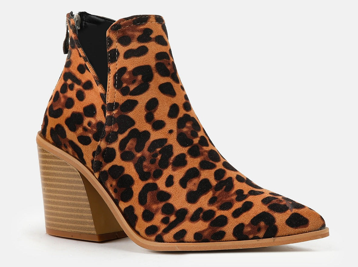 Slip on Cutout Pointed Toe Chunky Stacked Ankle Boot Chunky Heeled Boots Newgew
