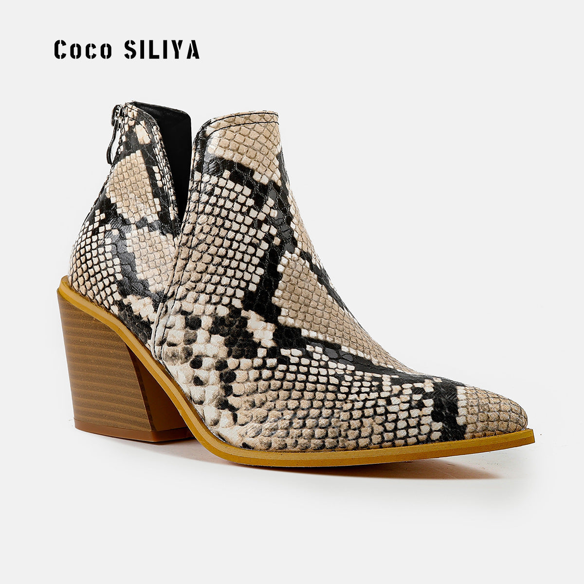 Slip on Cutout Pointed Toe Chunky Stacked Ankle Boot Chunky Heeled Boots Newgew