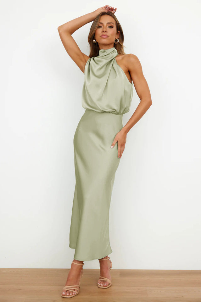 Neckholder-Brautjungfernkleid aus Satin mit ärmellosem Schnitt