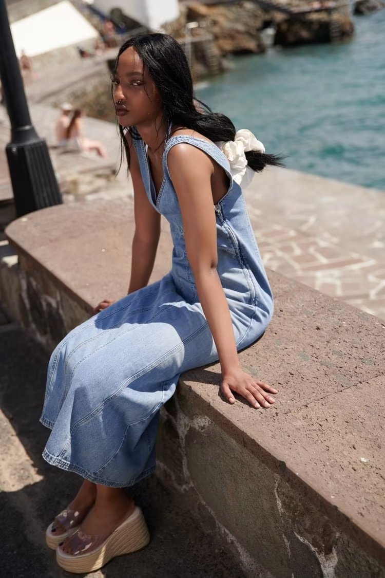 Retro V neck Sleeveless Denim A line Vest Dress Dress